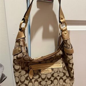 Coach Tan and Gold Signature Shoulder Bag